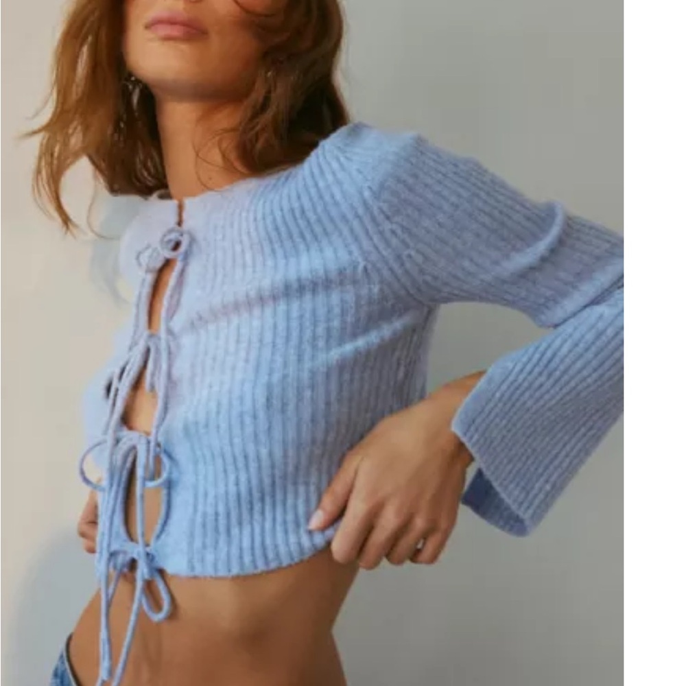 Light Blue Ribbed Tie-Front Sweater